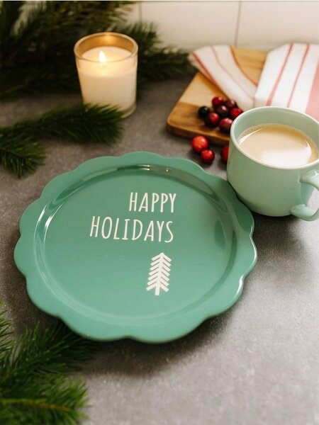 Sinsay - Vánoční keramický talíř s nápisem Happy Holidays - zelená
