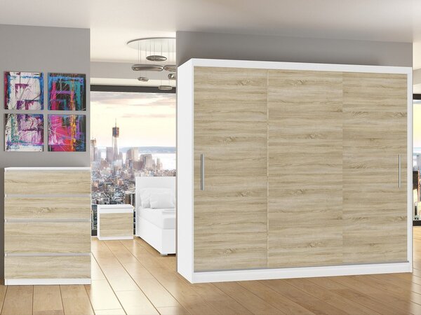 Šatní skříň 232 cm Belini bílý mat / dub sonoma s posuvnými dveřmi