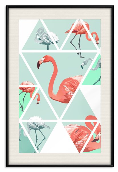 Plakát Geometrické plamenáci - růžoví ptáci a trojúhelníky v odstínech zelené