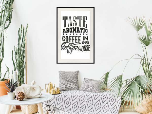 Plakát Ochutnej aromatickou kávu - černé anglické texty související s kávou