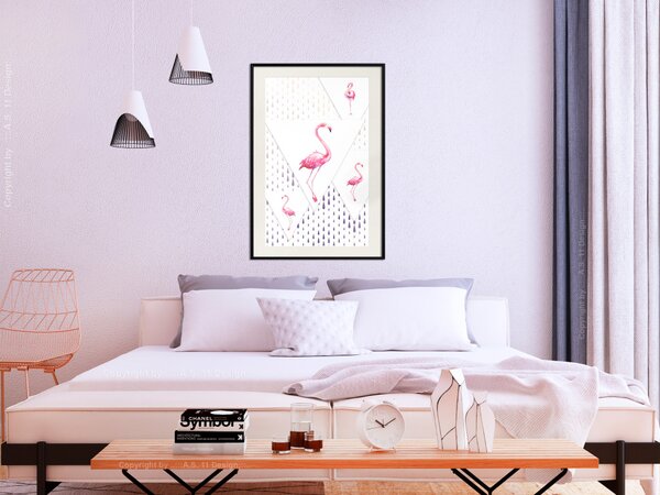 Plakát Rodina plameňáků - geometrická kompozice s růžovými ptáky a trojúhelníky