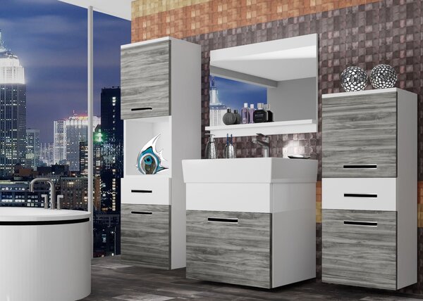 Koupelnový nábytek Belini šedý antracit Glamour Wood / bílý mat + umyvadlo + zrcadlo KOR M 5/1/W/GW1W/0/ZW