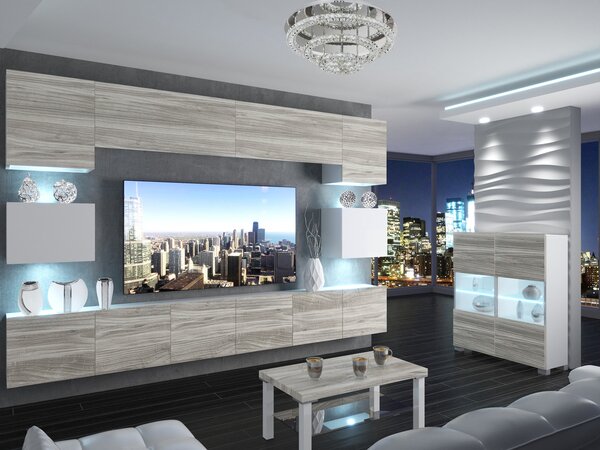 Obývací stěna 300 cm Belini šedý antracit Glamour Wood / bílý lesk Imperium 3