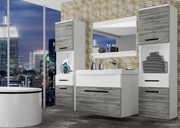 Koupelnový nábytek Belini šedý antracit Glamour Wood / bílý mat + umyvadlo + zrcadlo ROD M 6/0/W/GW1W/0/ZW
