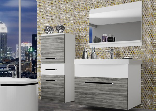 Koupelnový nábytek Belini šedý antracit Glamour Wood / bílý mat + umyvadlo + zrcadlo ROD M 2/0/W/GW1W/0/ZW