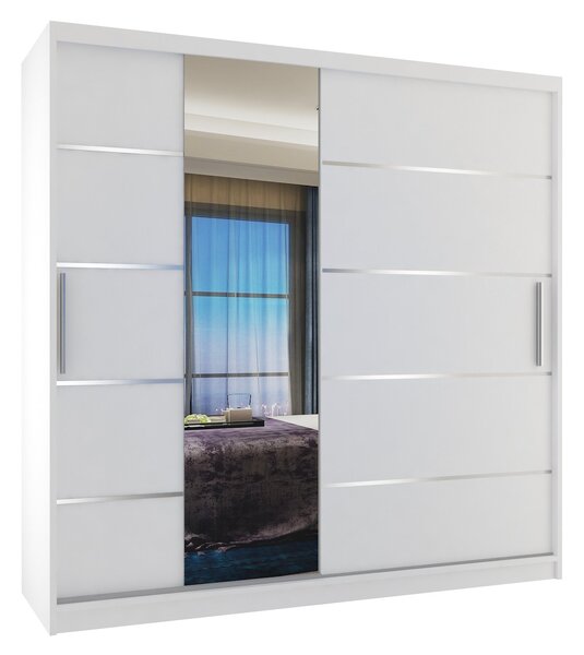 Šatní skříň 200 cm Belini bílý mat s posuvnými dveřmi zrcadlem a zásuvkami MBP SZP5/1/W/W/0/KLAL
