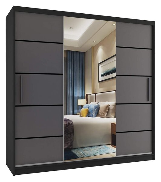 Šatní skříň 200 cm Belini černý mat / šedý mat s posuvnými dveřmi zrcadlem a zásuvkami MT SZP5/1/B/SR/0/KLP