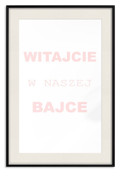 Plakát Vítejte v naší pohádce - růžové polské texty na bílém pozadí