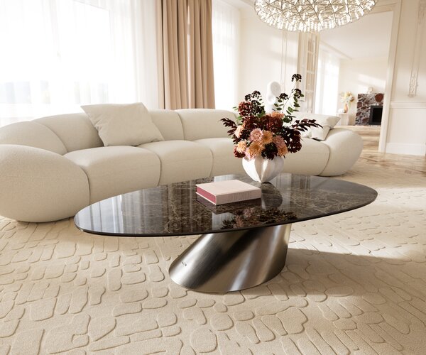 DELIFE Konferenční stolek Edge oválný 140x75 cm keramika Laminam® Emperador Extra Lucidato tmavě hnědá Conis nerezová ocel broušená