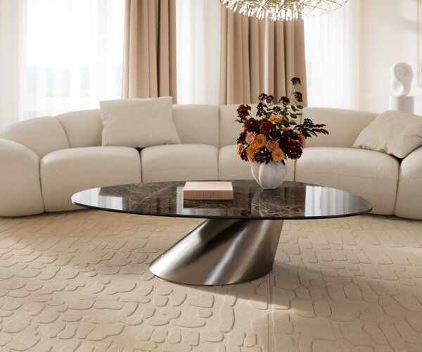 DELIFE Konferenční stolek Edge oválný 140x75 cm keramika Laminam® Emperador Extra Lucidato tmavě hnědá Conis nerezová ocel broušená