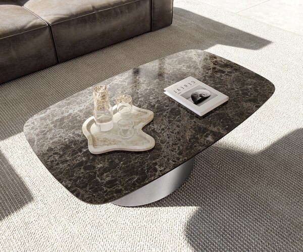 DELIFE Konferenční stolek Edge Boot 120x70 cm keramika Laminam® Emperador Extra Lucidato tmavě hnědá kuželová nerezová ocel broušená