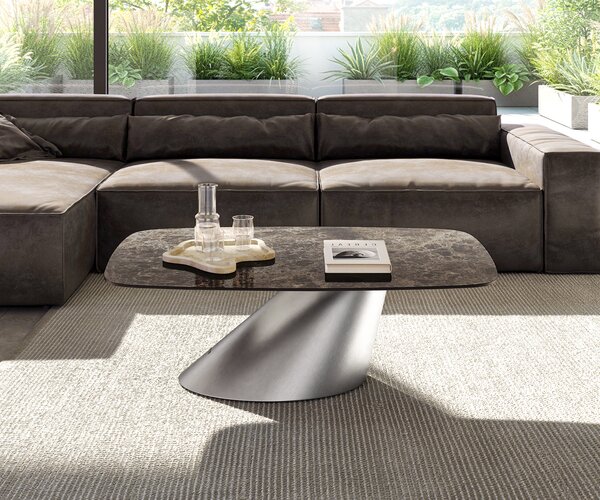 DELIFE Konferenční stolek Edge Boot 120x70 cm keramika Laminam® Emperador Extra Lucidato tmavě hnědá kuželová nerezová ocel broušená