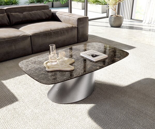 DELIFE Konferenční stolek Edge Boot 120x70 cm keramika Laminam® Emperador Extra Lucidato tmavě hnědá kuželová nerezová ocel broušená