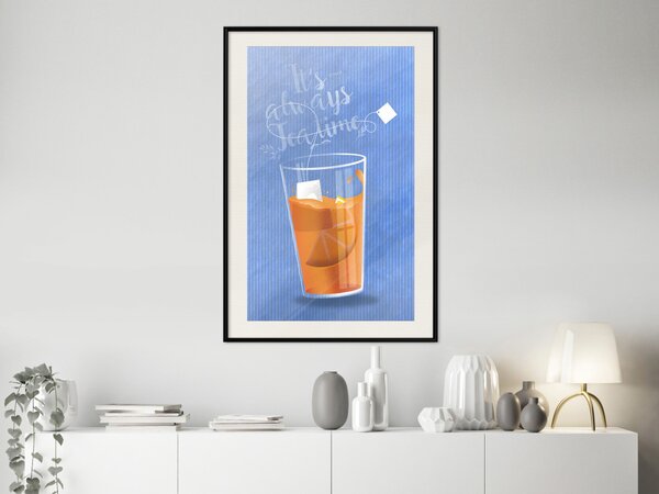 Plakát It's Always Tea Time - oranžový čajový šálek s anglickým textem