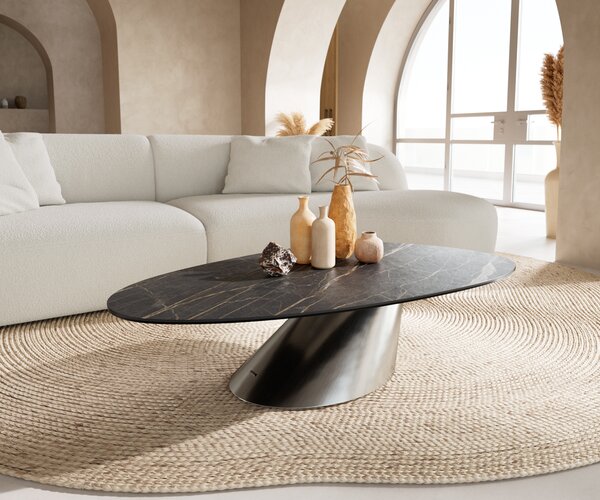 DELIFE Konferenční stolek Edge oválný 140x75 cm keramika Laminam® Noir Desir hnědá Conis nerezová ocel broušená