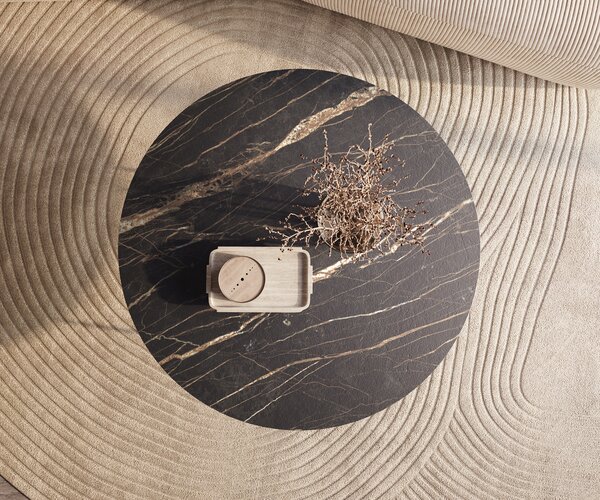DELIFE Konferenční stolek Edge kulatý 100x100 cm keramika Laminam® Noir Desir hnědá Trive kov černá