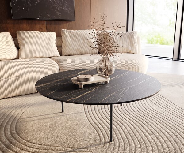 DELIFE Konferenční stolek Edge kulatý 100x100 cm keramika Laminam® Noir Desir hnědá Trive kov černá