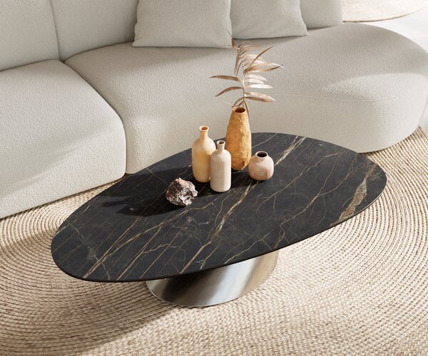 DELIFE Konferenční stolek Edge oválný 140x75 cm keramika Laminam® Noir Desir hnědá Conis nerezová ocel broušená