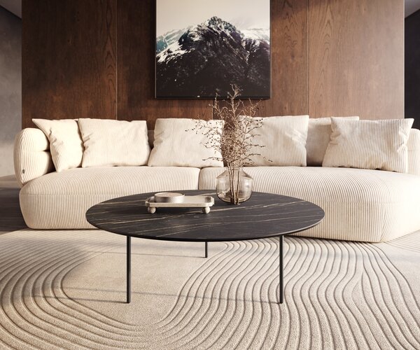 DELIFE Konferenční stolek Edge kulatý 100x100 cm keramika Laminam® Noir Desir hnědá Trive kov černá