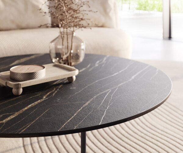 DELIFE Konferenční stolek Edge kulatý 100x100 cm keramika Laminam® Noir Desir hnědá Trive kov černá