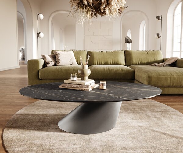 DELIFE Konferenční stolek Edge oválný 140x80 cm keramika Laminam® Noir Desir hnědá Conis nerezová ocel broušená