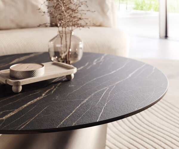 DELIFE Konferenční stolek Edge kulatý 100x100 cm keramika Laminam® Noir Desir hnědá Conis nerezová ocel broušená
