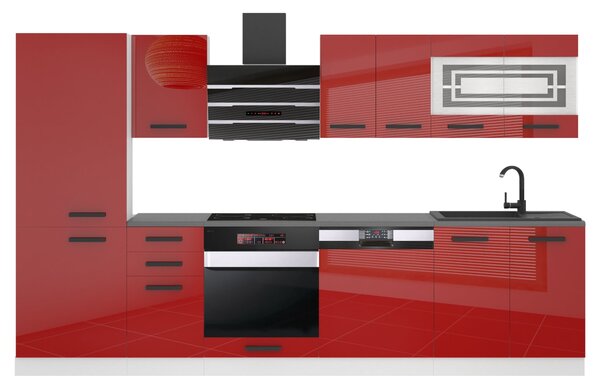 Kuchyňská linka Belini Premium Full Version 300 cm červený lesk s pracovní deskou CINDY