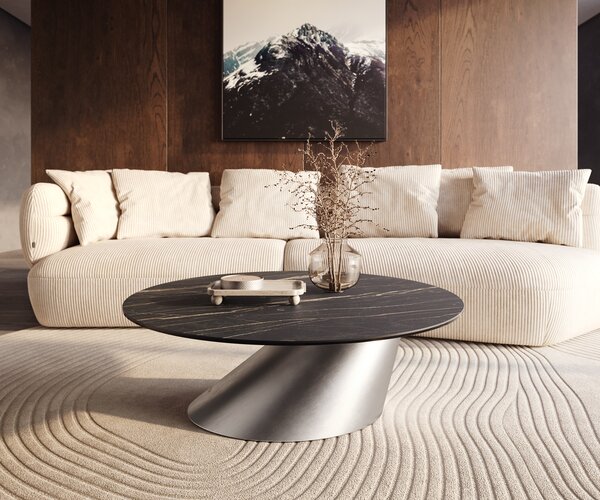 DELIFE Konferenční stolek Edge kulatý 100x100 cm keramika Laminam® Noir Desir hnědá Conis nerezová ocel broušená