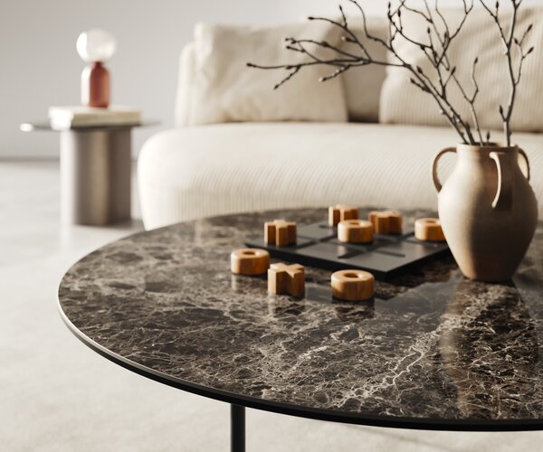 DELIFE Konferenční stolek Edge kulatý 90x90 cm keramika Laminam® Emperador Extra Lucidato tmavě hnědá Trive kov černá