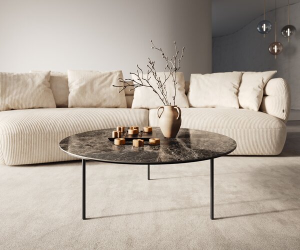 DELIFE Konferenční stolek Edge kulatý 90x90 cm keramika Laminam® Emperador Extra Lucidato tmavě hnědá Trive kov černá