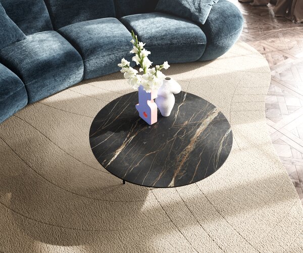 DELIFE Konferenční stolek Edge kulatý 90x90 cm keramika Laminam® Noir Desir hnědá Trive kov černá