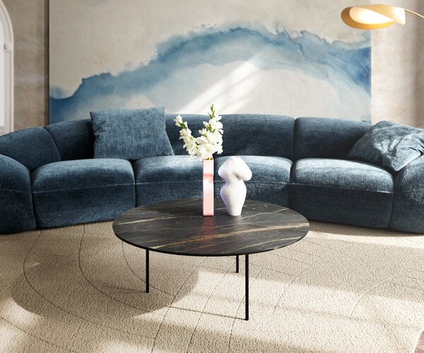 DELIFE Konferenční stolek Edge kulatý 90x90 cm keramika Laminam® Noir Desir hnědá Trive kov černá