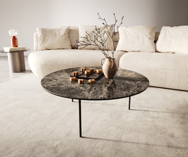 DELIFE Konferenční stolek Edge kulatý 90x90 cm keramika Laminam® Emperador Extra Lucidato tmavě hnědá Trive kov černá