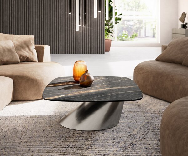 DELIFE Konferenční stolek Edge Boot 90x90 cm keramika Laminam® Noir Desir hnědá Conis nerezová ocel broušená