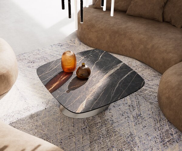 DELIFE Konferenční stolek Edge Boot 90x90 cm keramika Laminam® Noir Desir hnědá Conis nerezová ocel broušená