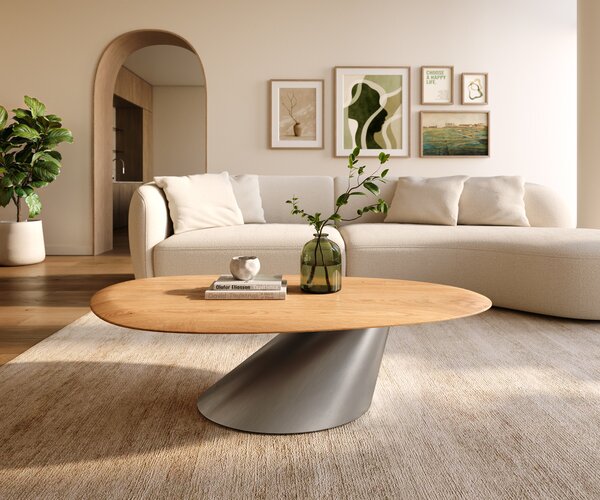 DELIFE Konferenční stolek Edge oválný 140x75 cm dub přírodní kulatá hrana Conis nerezová ocel broušená
