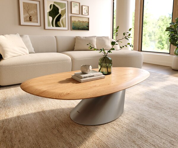 DELIFE Konferenční stolek Edge oválný 140x75 cm dub přírodní kulatá hrana Conis nerezová ocel broušená