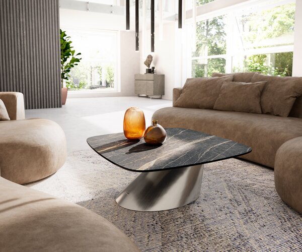 DELIFE Konferenční stolek Edge Boot 90x90 cm keramika Laminam® Noir Desir hnědá Conis nerezová ocel broušená