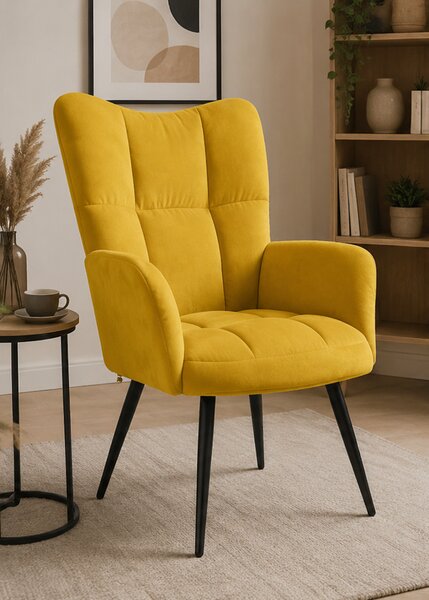 Křeslo relaxační, odpočinkové, ušák, kov/samet, 98x63x69 cm, černá/hořčicově žlutá, Dekorino KR20260008