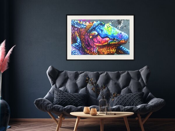 Plakát Barevný aligátor - barevné abstraktní zvíře na modrém pozadí