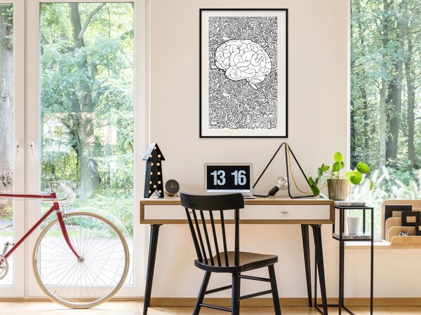 Plakát Jasná mysl - černo-bílý lidský mozek na pozadí abstraktních vzorů