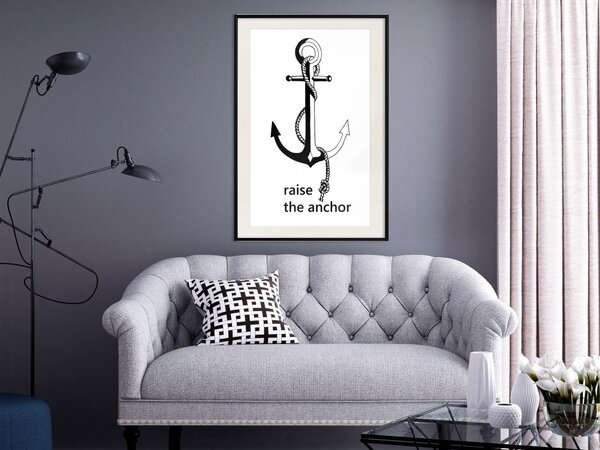 Plakát Zvedněte kotvu - kotva lodi a anglický text na bílém pozadí