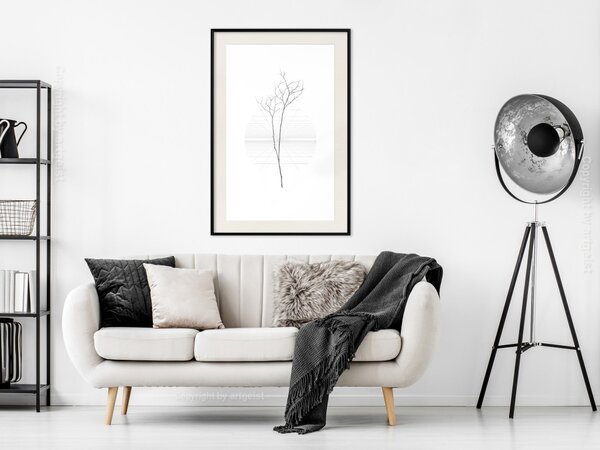 Plakát Zimní větvička - černá a tenká rostlinka na jednolitém bílém pozadí