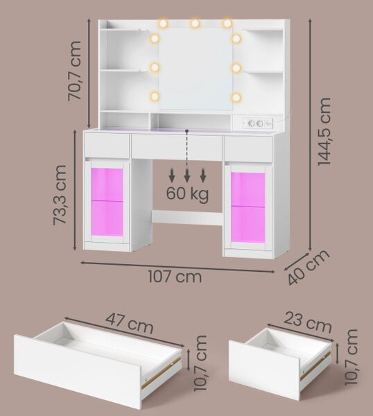 Toaletní stolek se zrcadlem a RGB LED osvětlením RDTB35145WB01