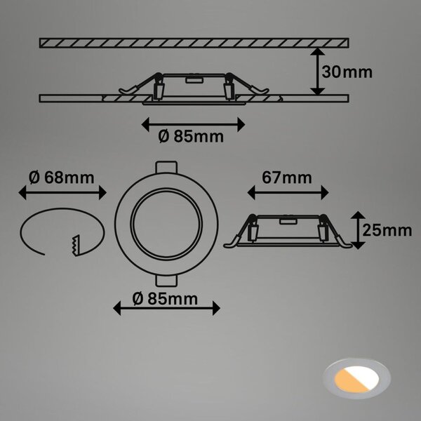 BRILONER 3ks sada CTS vestavné svítidlo, 8,5 cm, 4W, 300lm matný chrom 7599034