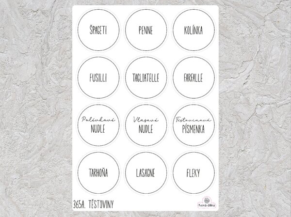 Samolepky na dózy Těstoviny 12ks 60mm kulaté Barva: Bílá