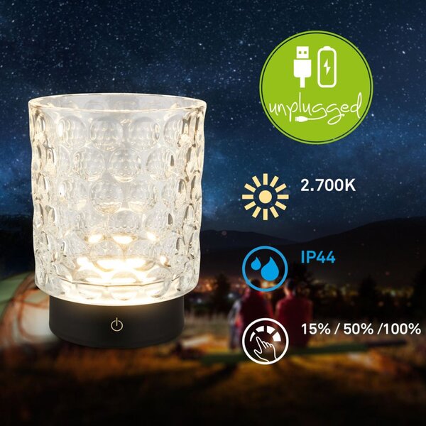 BRILONER Sunora LED stolní lampička bezdrátová IP44, stmívatelné, dotykový vypínač, čirá 7560015