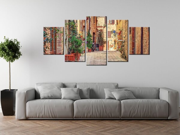 Obraz s hodinami Stará cestička v Toskánsku - 5 dílný Rozměry: 150 x 70 cm