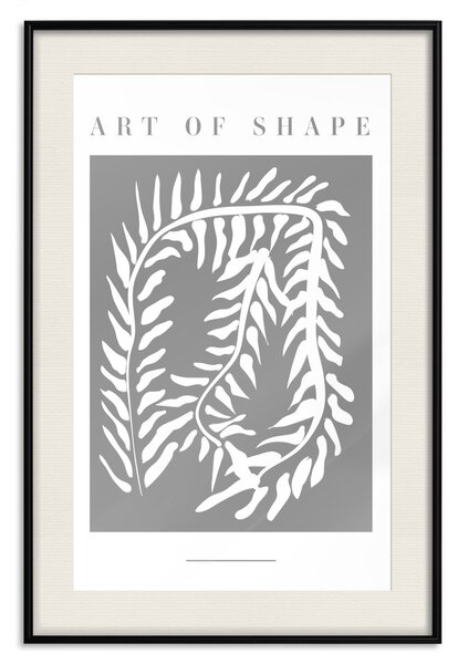 Plakát Umění tvaru - anglické texty a bílá rostlina na šedém pozadí
