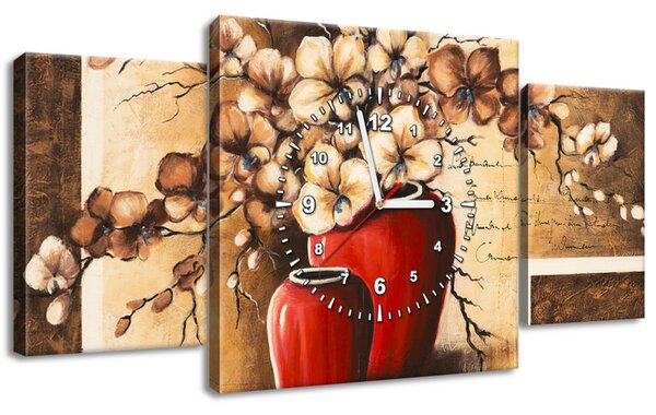 Obraz s hodinami Orchideje v červené váze - 3 dílný Rozměry: 80 x 40 cm
